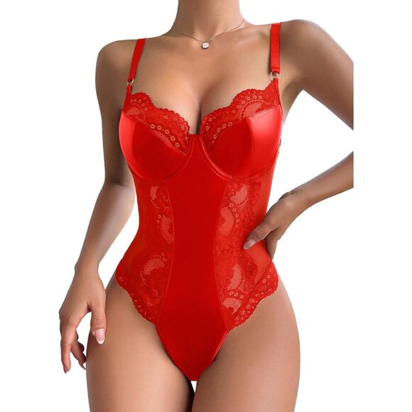 Sexy Leather R Red Underwire Push Up Corset Lingerie Women Teddy Bodysuit Top - Picture 1 of 6